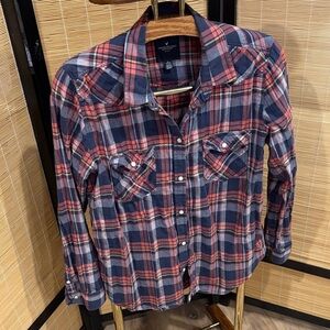 American Eagle Outfitters Red and Navy Plaid Button-Down Shirt